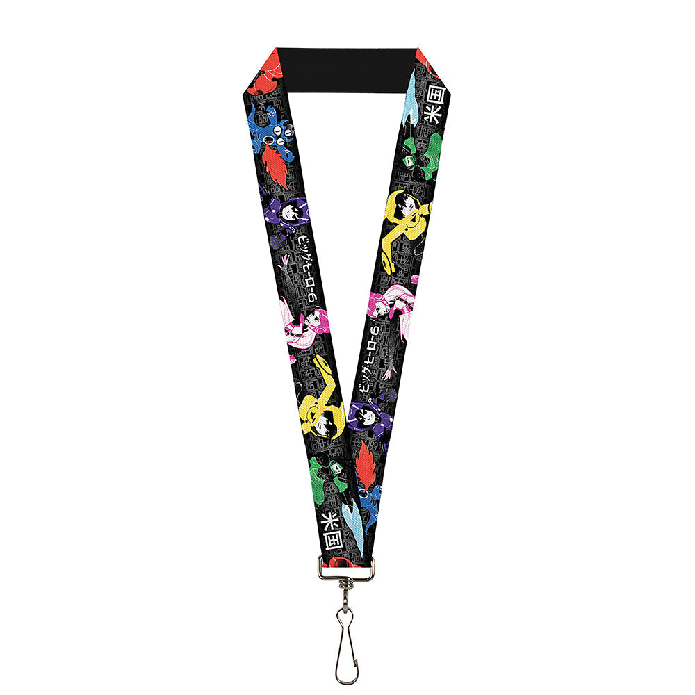 Lanyard - 1.0" - Big Hero 6 Group Action Pose Name Blocks Black Gray Multi Color