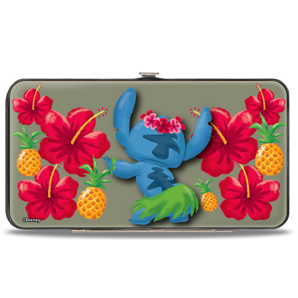 Hinged Wallet - Stitch Hula Pose Front + Back Hibiscus Flowers Pineapples Gray