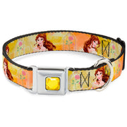 Princess Gem CLOSE-UP Full Color Yellow Seatbelt Buckle Collar - Belle Poses/Enchanted Rose/Story Script Yellow/Pinks