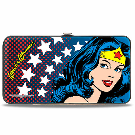 Hinged Wallet - WONDER WOMAN Stars Face Halftone Blues Red Yellow White