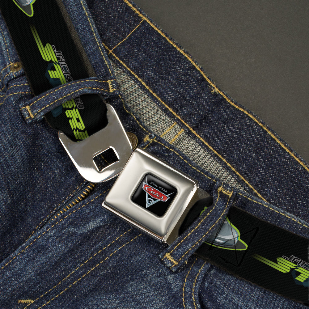 CARS 3 Emblem Full Color Black Silver Red Seatbelt Belt - Cars 3 JACKSON STORM Pose/STRIPE Black/Greens Webbing