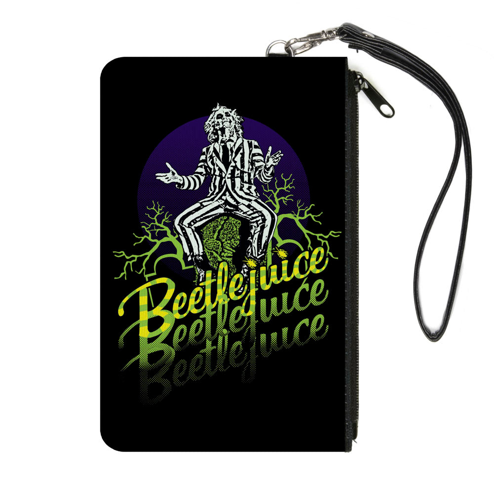 Canvas Zipper Wallet - LARGE - BEETLEJUICE Sitting on Tombstone Pose Trees Black Purple Green Yellow