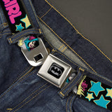 Batman Full Color Black Silver Black Seatbelt Belt - BATGIRL Running w/Stars Black/Pink/Yellow/Blue Webbing