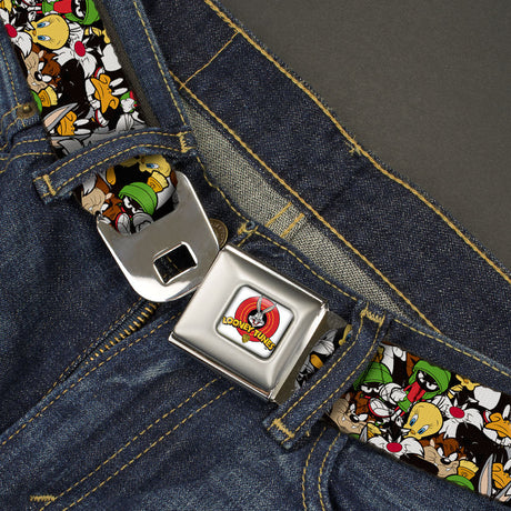 Looney Tunes Logo Full Color White Seatbelt Belt - Looney Tunes 6-Character Stacked Collage3 Webbing