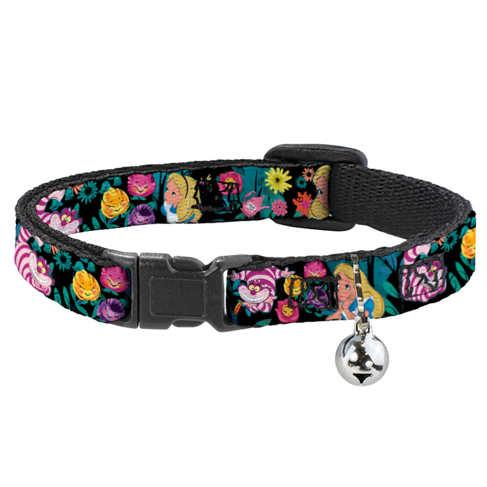 Cat Collar Breakaway - Alice Cheshire Cat Flowers Poses Black Multi Color