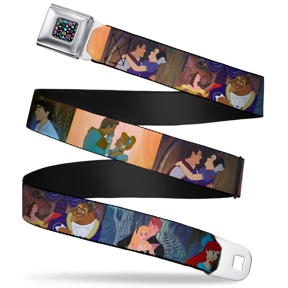 Princess Jewels Full Color Black Multi Color Seatbelt Belt - Disney Princess Scenes Framed Webbing