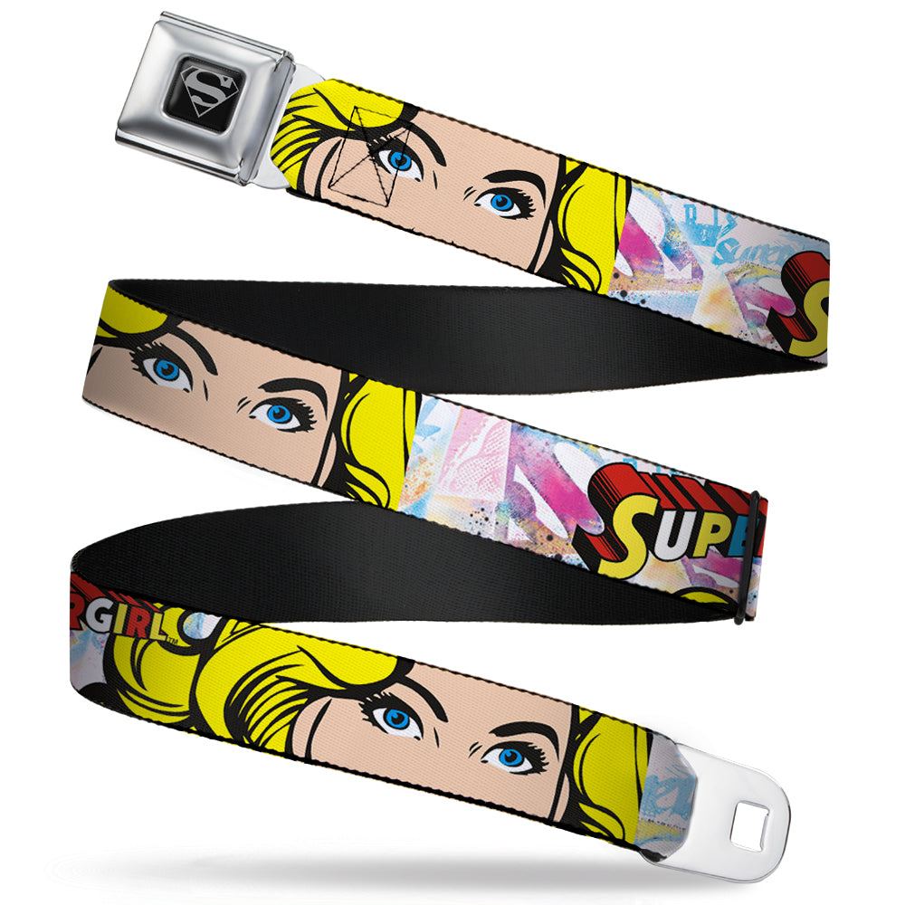 Superman Black Silver Seatbelt Belt - SUPERGIRL w/Face CLOSE-UP Webbing