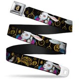 Alice in Wonderland Clock Full Color Black Gold White Seatbelt Belt - White Rabbit Poses LOOKING FOR WONDERLAND/Clocks Black/Golds Webbing