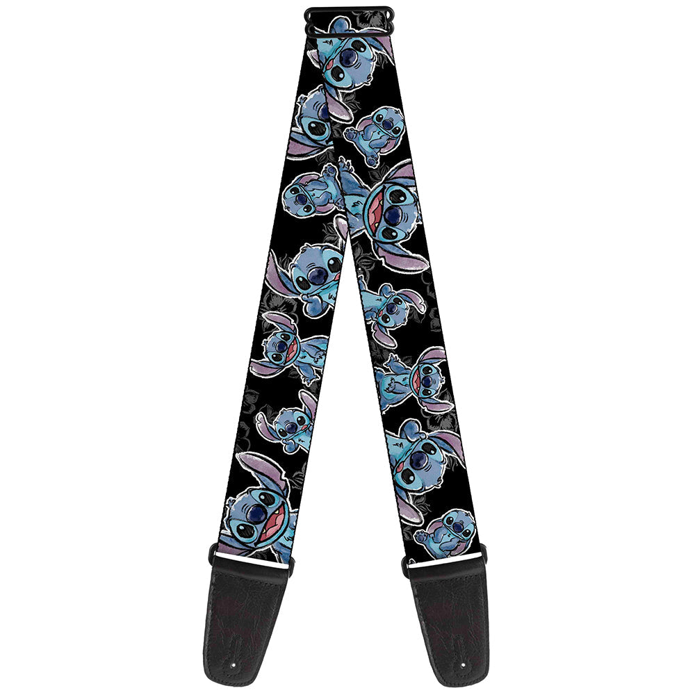 Guitar Strap - Stitch Poses Hibiscus Sketch Black Gray Blue