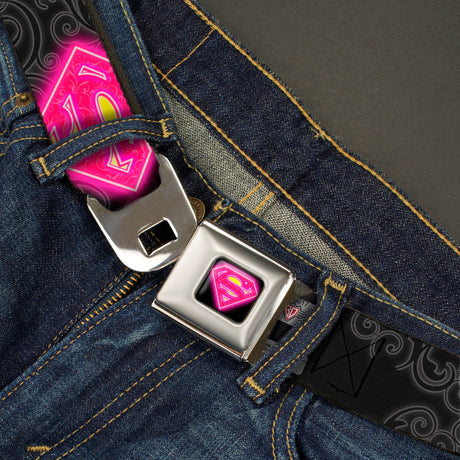 Electric Supergirl Shield Full Color Black Hot Pink Yellow Seatbelt Belt - Electric Supergirl Shield/Swirl Black/Gray/Hot Pink/Yellow Webbing