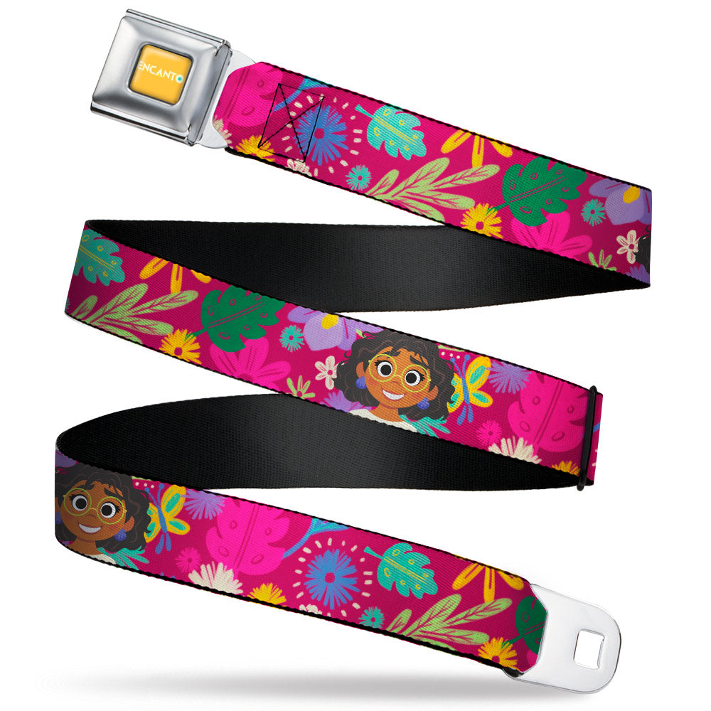 ENCANTO Logo Full Color Yellow Seatbelt Belt - Encanto Mirabel Poses and Nature Collage Pink Webbing