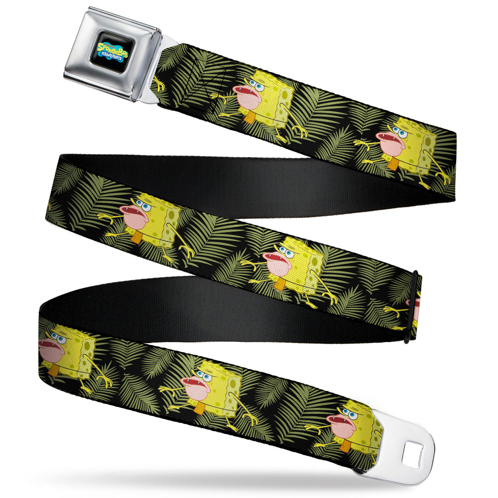 SpongeBob SquarePants Logo2 Full Color Black Seatbelt Belt - Primitive Sponge Pose/Leaves Black/Green Webbing