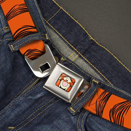 Tigger Face CLOSE-UP Full Color Orange Seatbelt Belt - Tigger Stripes Orange/Black Webbing