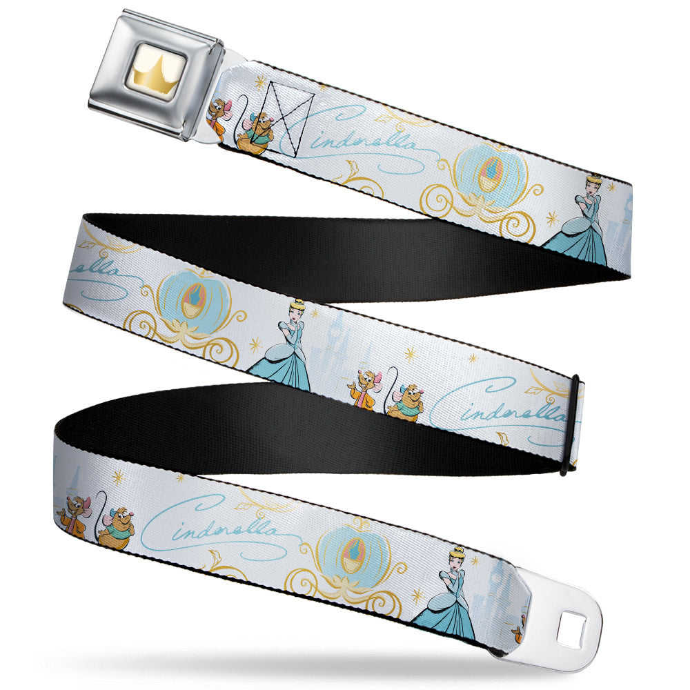 Disney Princess Crown Full Color Golds Seatbelt Belt - Cinderella Pumpkin Coach and Mice Pose with Script White/Blues Webbing