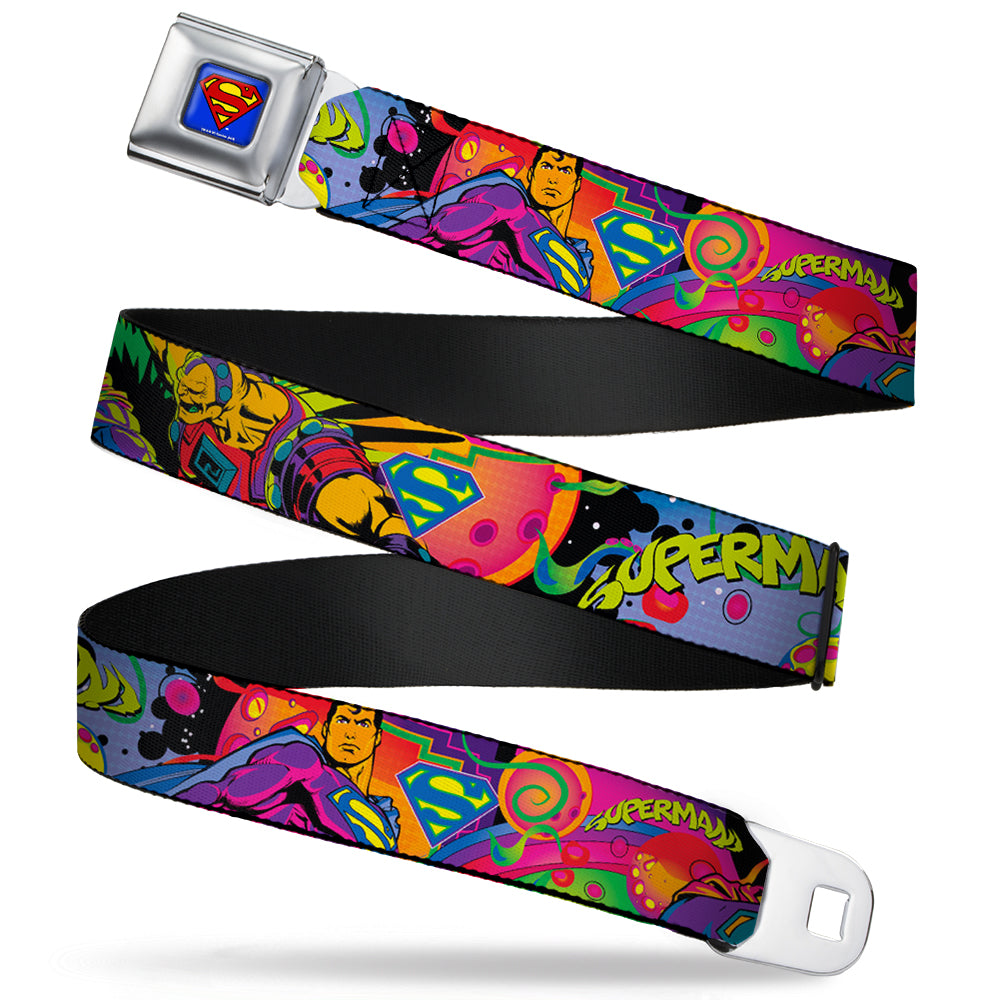 Superman Full Color Blue Seatbelt Belt - SUPERMAN Poses/Battling Mongul Black/Multi Neon Webbing