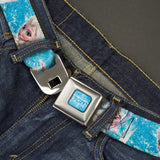 FROZEN Logo Full Color Blues Seatbelt Belt - Frozen Elsa Face/Action Pose/Snowflakes Blues/White Webbing