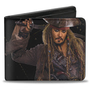 Bi-Fold Wallet - Jack Sparrow Vivid Sword Pose + PIRATES Logo Skull Black Golds Silvers