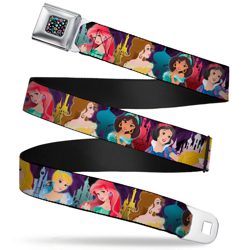 Princess Jewels Full Color Black Multi Color Seatbelt Belt - Disney Princess Poses/Castle Silhouettes Purples/Multi Color Webbing