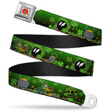 Looney Tunes Logo Full Color White Seatbelt Belt - Marvin the Martian & K-9 Poses/Clovers Greens Webbing