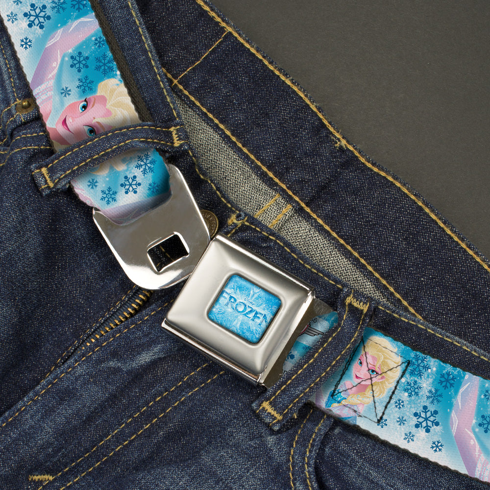 FROZEN Logo Full Color Blues Seatbelt Belt - Frozen Elsa Poses/Snowflake Swirls Blues/White Webbing