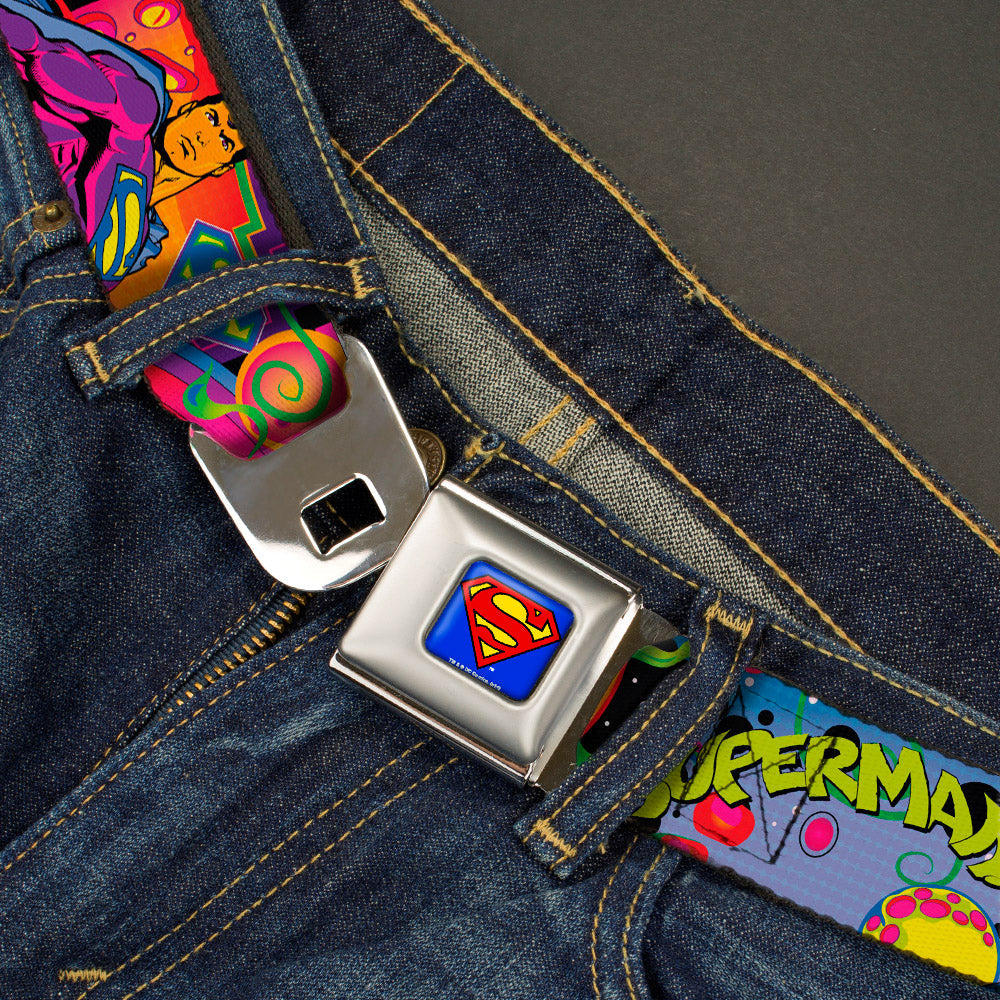 Superman Full Color Blue Seatbelt Belt - SUPERMAN Poses/Battling Mongul Black/Multi Neon Webbing