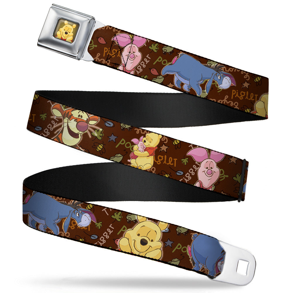 Winnie the Pooh Face Full Color Radial Brown Fade Seatbelt Belt - Winnie the Pooh Character Poses Webbing