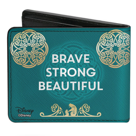 Bi-Fold Wallet - Princess Merida Archer Pose + BRAVE-STRONG-BEAUTIFUL Celtic Knots Aquas Golds