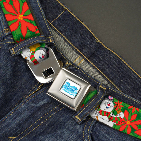 FROSTY THE SNOWMAN Logo Full Color White/Blues Seatbelt Belt - Frosty the Snowman Pose Poinsettia Plaid Collage Greens/Reds Webbing