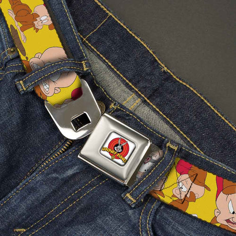 Looney Tunes Logo Full Color White Seatbelt Belt - Elmer Fudd Expressions Yellow Webbing