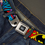 DC Round Logo Black/Silver Seatbelt Belt - Batman/Robin/Superman Pose/Logo Dot Black/Purple Webbing