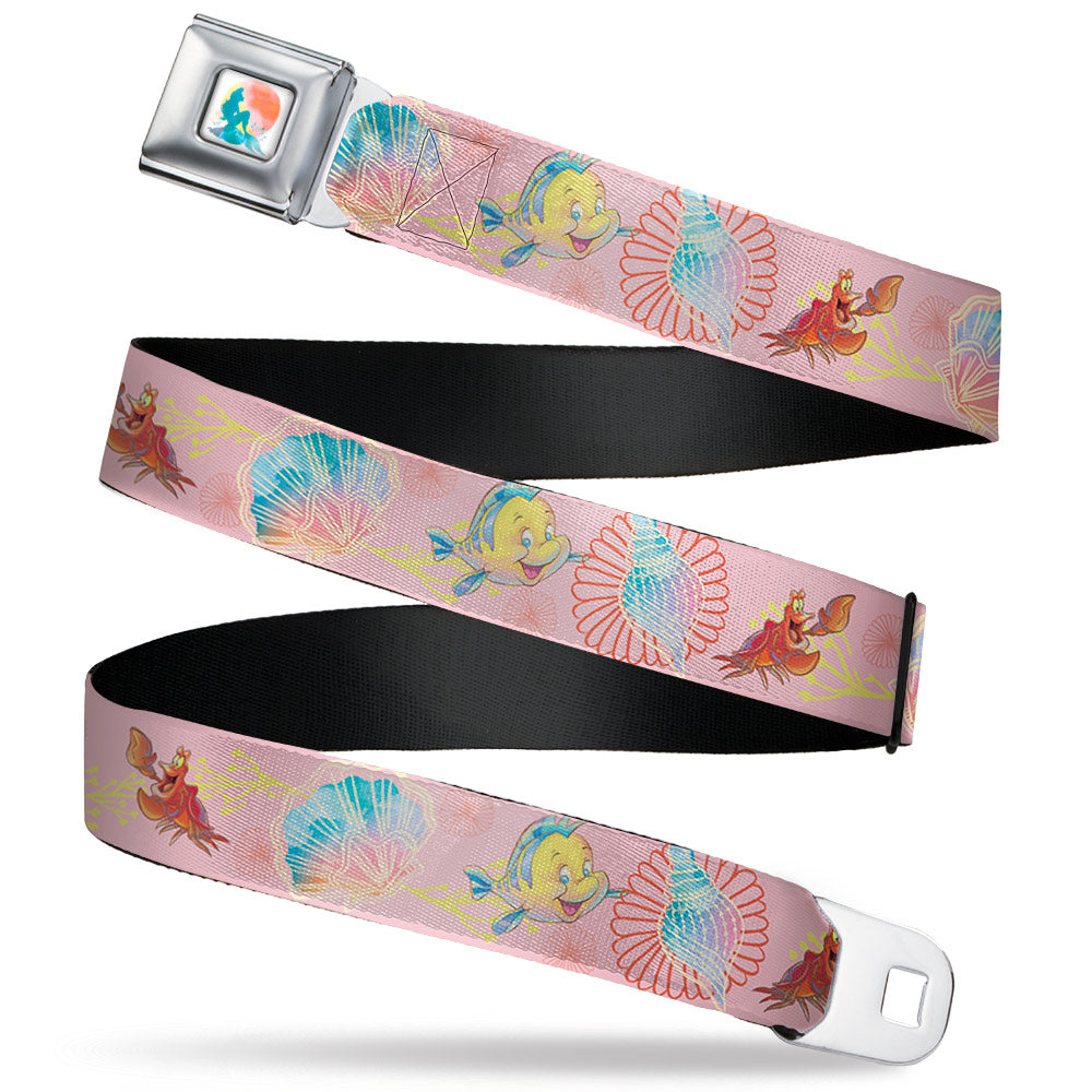 The Little Mermaid Ariel Silhouette Pose Full Color White/Multi Color Seatbelt Belt - The Little Mermaid Flounder and Sebastian Under the Sea Pinks Webbing