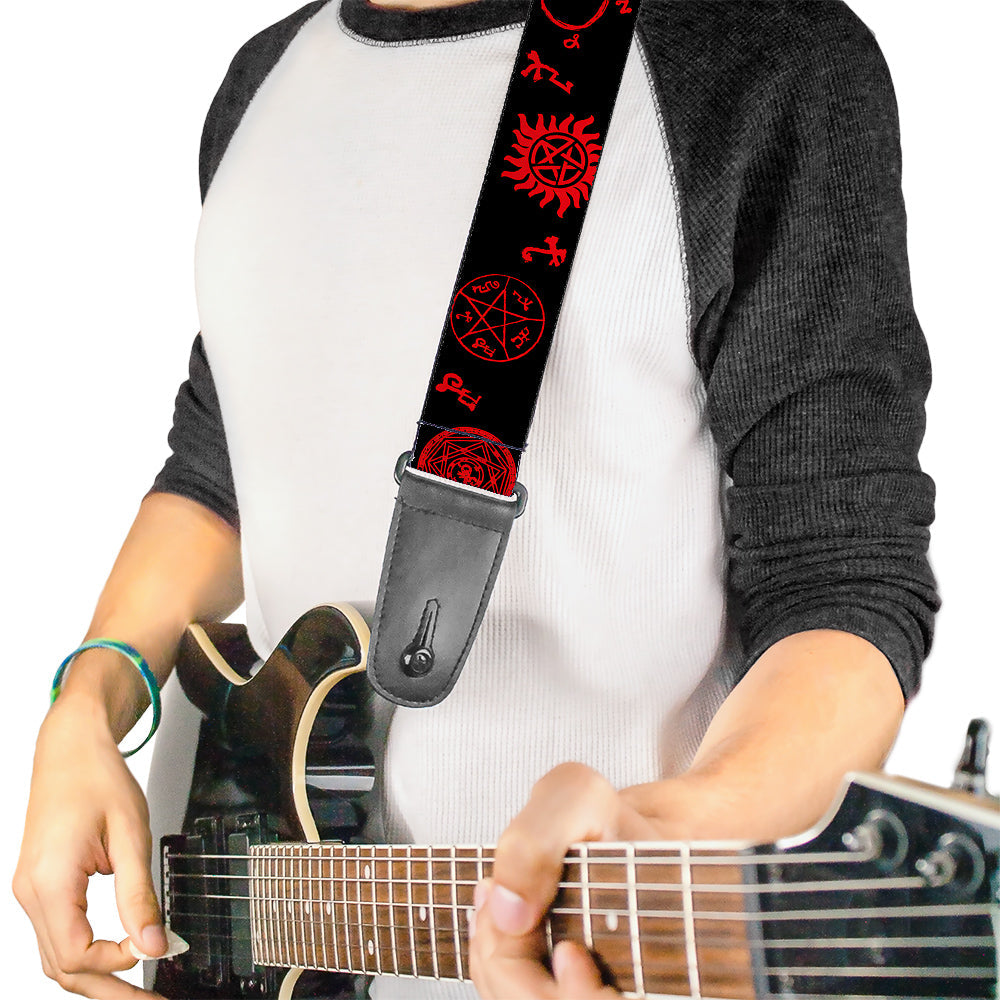 Guitar Strap - Supernatural Symbols Scattered Black Red