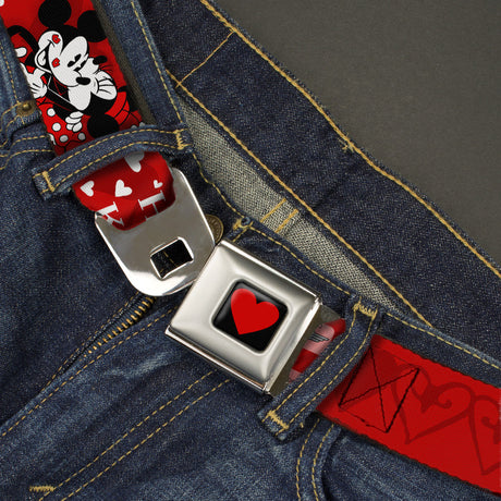 Heart Full Color Black Red Seatbelt Belt - Mickey & Minnie HUGS & KISSES Poses Reds/White Webbing