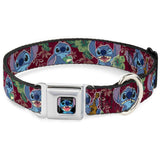 Stitch Smiling CLOSE-UP Full Color Black Seatbelt Buckle Collar - Stitch 6-Expressions Tropical Flora Burgundy Reds/Greens