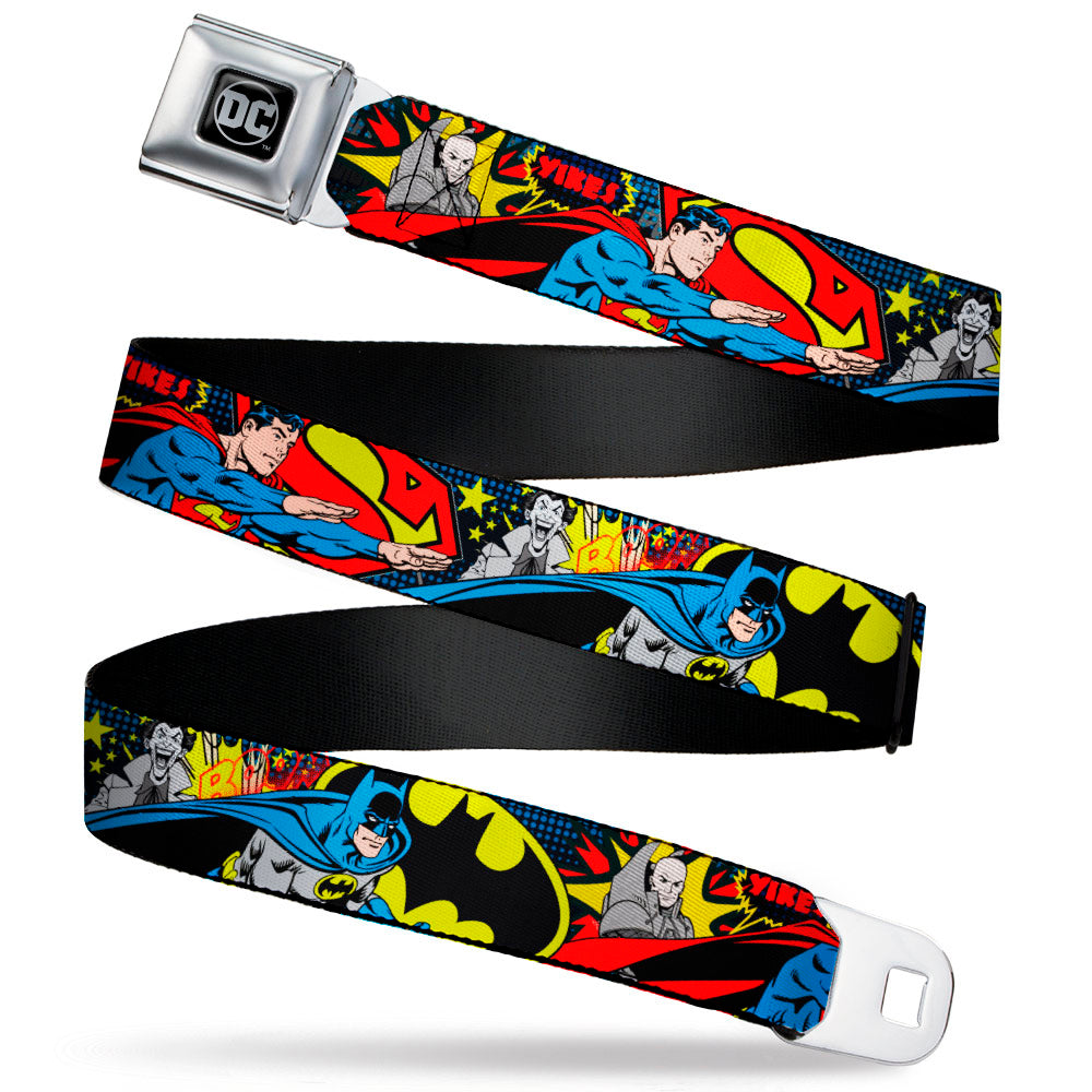 DC Round Logo Black/Silver Seatbelt Belt - Classic Batman/Joker & Superman/Lex Luthor Halftone Black/Blue Webbing