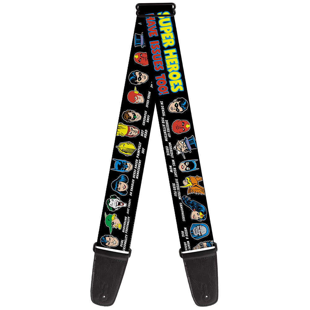 Guitar Strap - DC Originals SUPER HEROES HAVE ISSUES TOO! Faces Issues Black