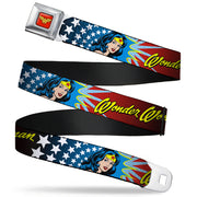 Wonder Woman Logo Full Color Red Seatbelt Belt - Wonder Woman Face w/Stars Webbing