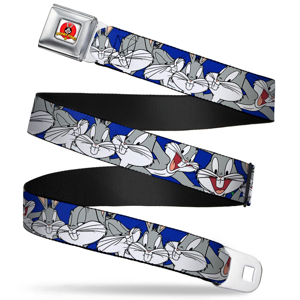 Looney Tunes Logo Full Color White Seatbelt Belt - Bugs Bunny CLOSE-UP Poses Blue Webbing