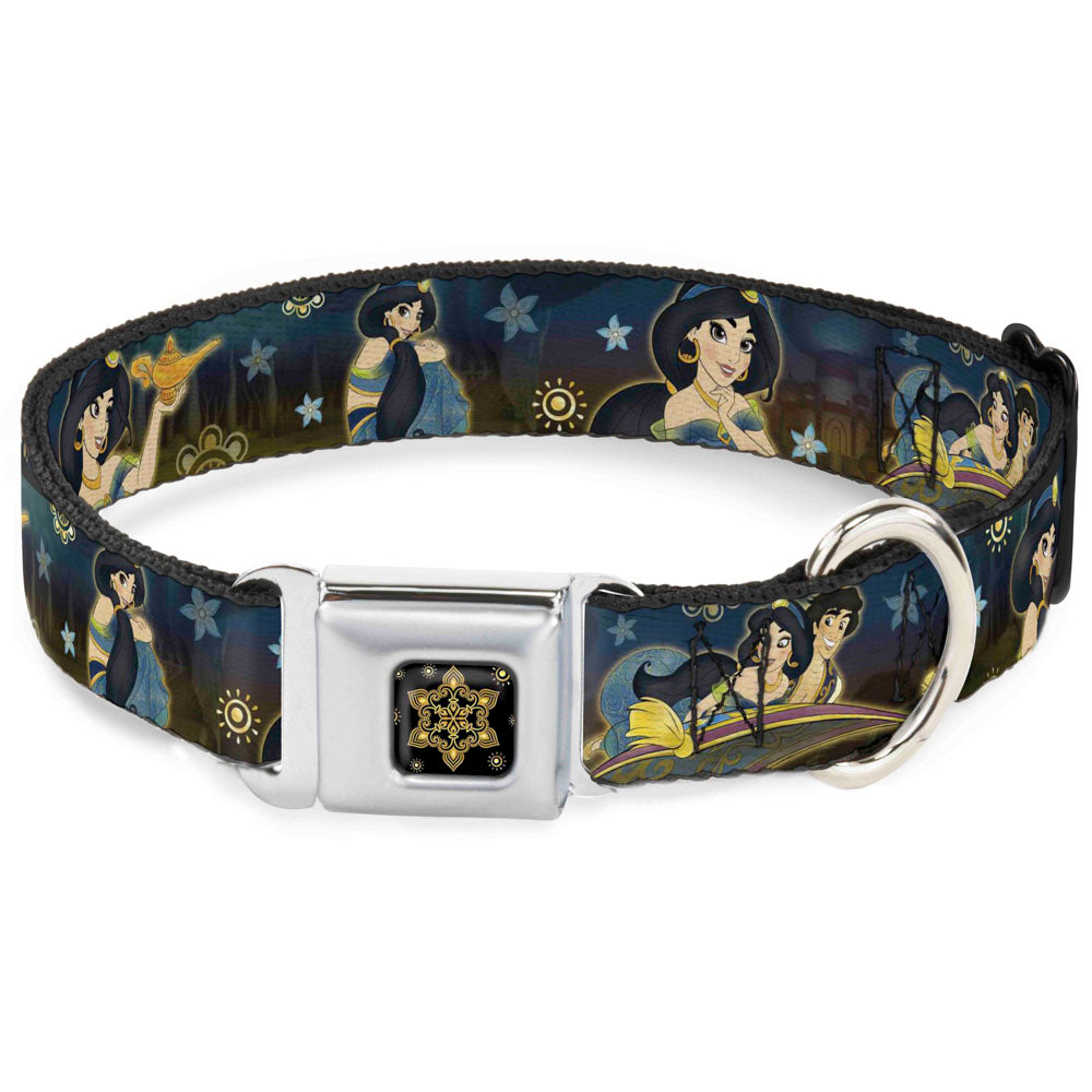 Aladdin Flower Motif Full Color Black/Gold Seatbelt Buckle Collar - Jasmine & Aladdin Carpet Ride/Jasmine Poses/Flowers