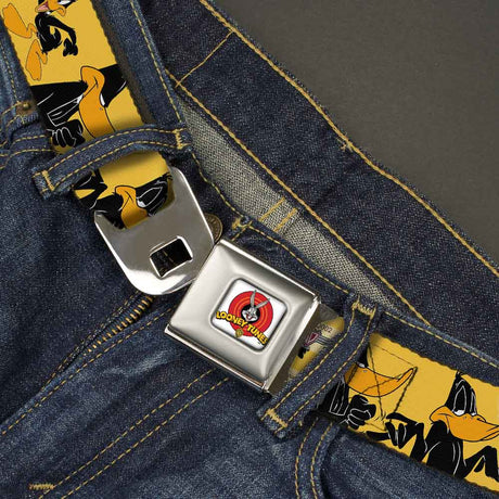 Looney Tunes Logo Full Color White Seatbelt Belt - DAFFY DUCK w/Poses Yellow/Black Webbing