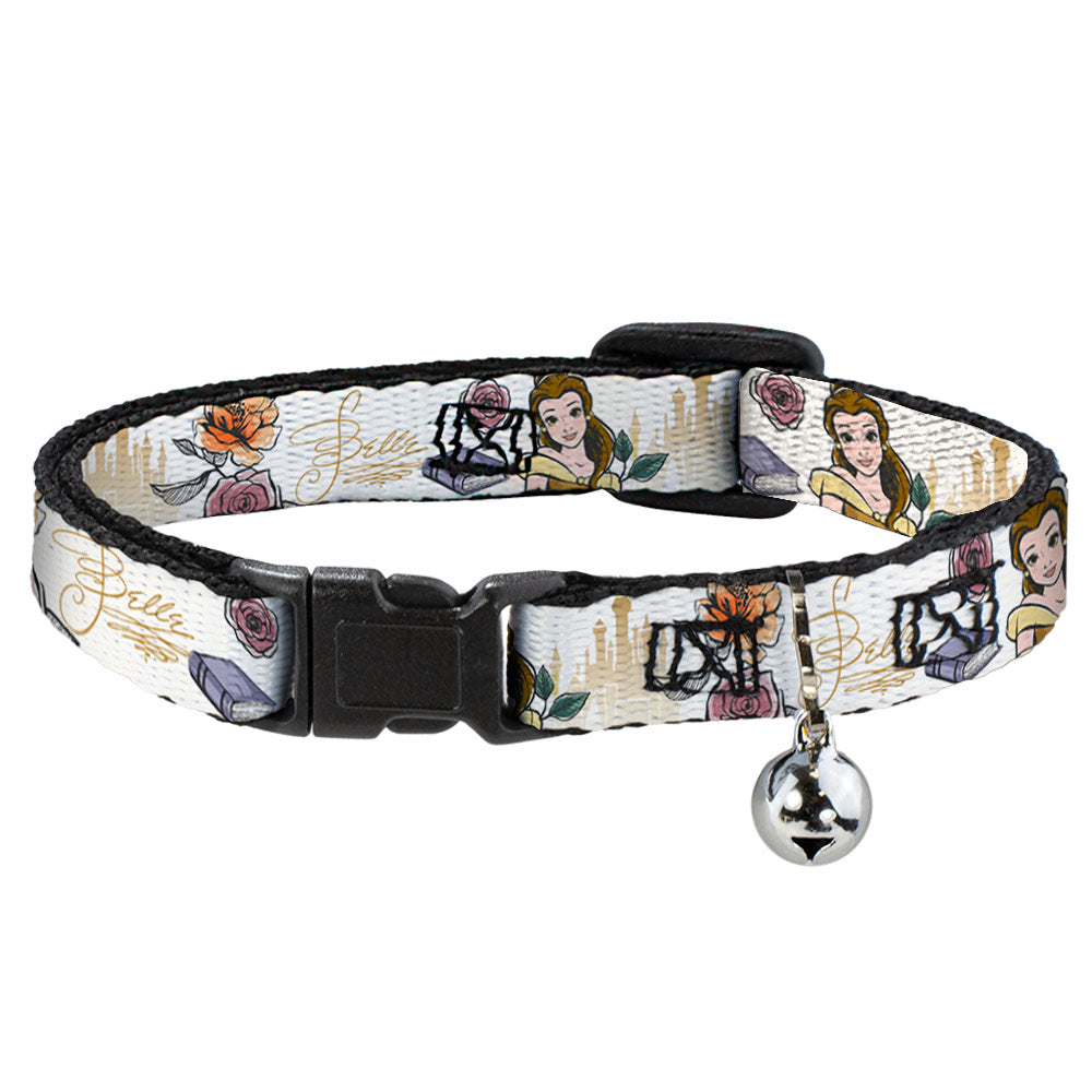 Cat Collar Breakaway with Bell - Beauty and the Beast Belle Castle Pose with Script and Flowers White Yellows - NARROW Fits 8.5-12"