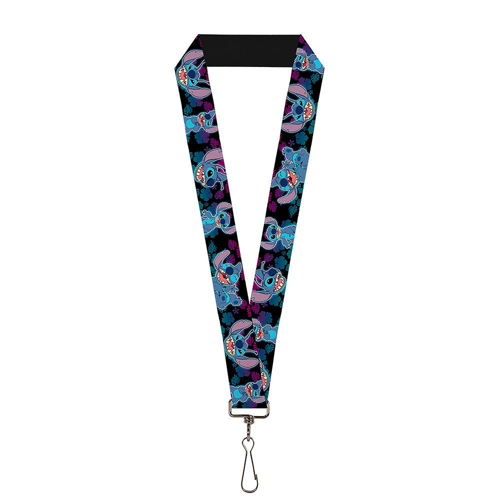 Lanyard - 1.0" - Stitch 2-Expressions 2-Poses Tropical Flora Black Purple-Blue Fade