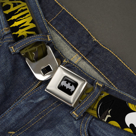 Batman Black Silver Seatbelt Belt - BATMAN w/Bat Signals & Flying Bats Yellow/Black/White Webbing