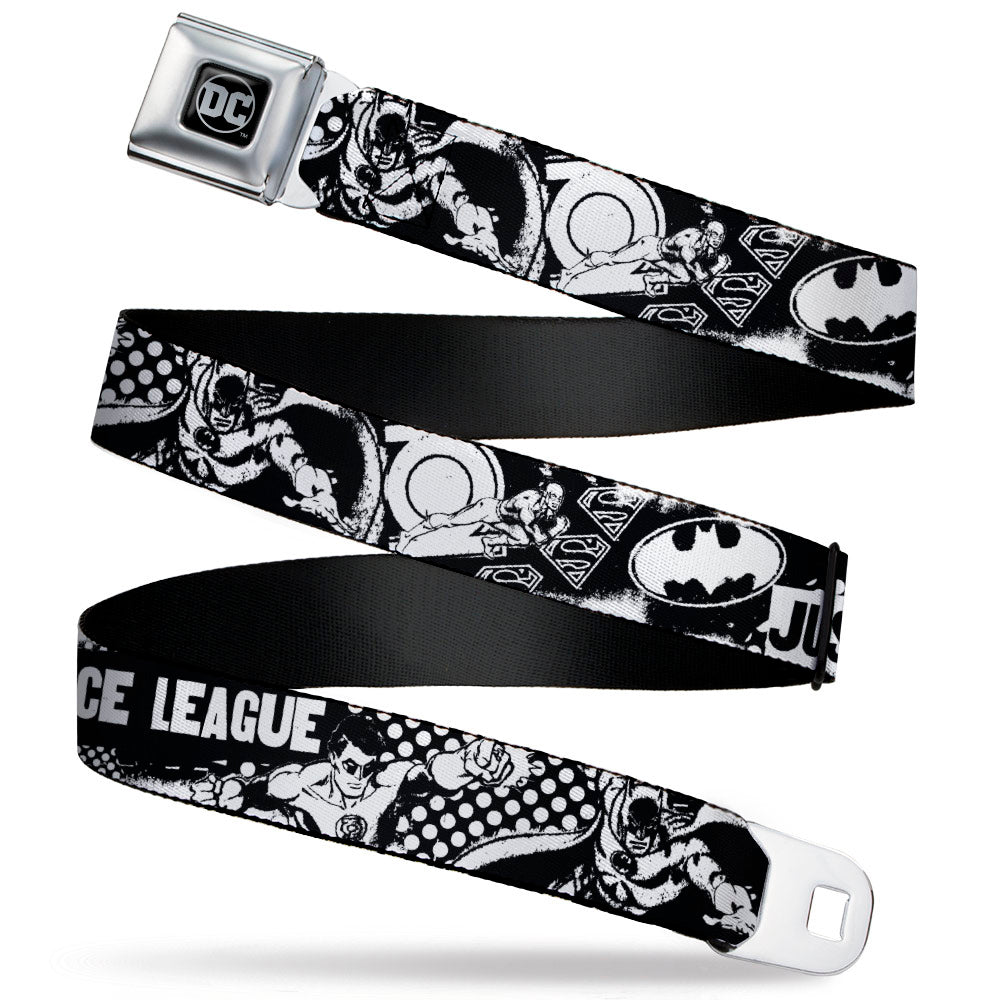 DC Round Logo Black/Silver Seatbelt Belt - JUSTICE LEAGUE Superheroes Retro Pop White/Black Webbing