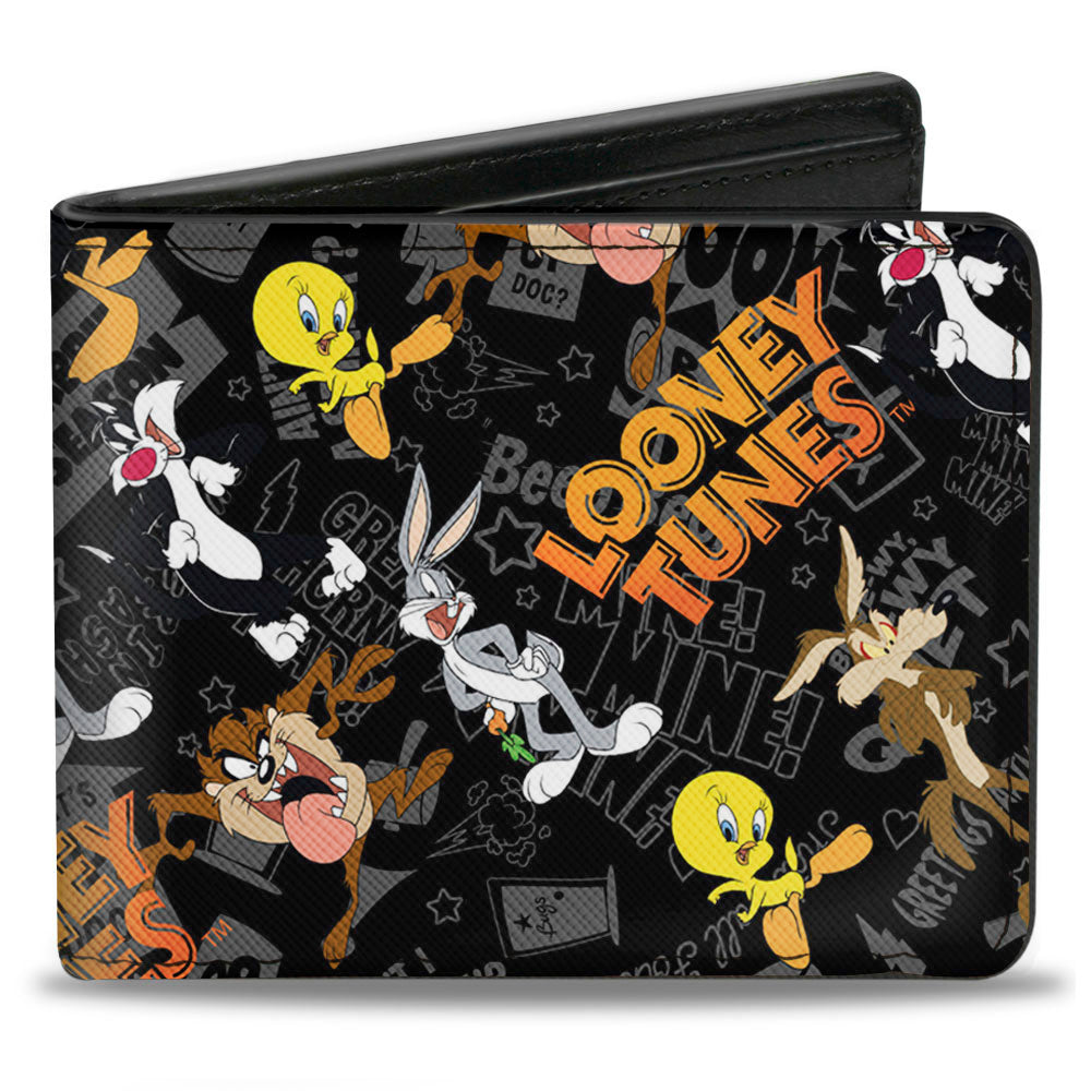 Bi-Fold Wallet - LOONEY TUNES 6-Character Poses Elements Scattered Black Gray Oranges