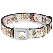 Disney Princess Crown Full Color Golds Seatbelt Buckle Collar - Pocahontas and Meeko Compass Pose with Script and Leaves Beige