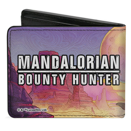 Bi-Fold Wallet - Star Wars The Mandalorian Riding Blurrg Pose + MANDALORIAN BOUNTY HUNTER Logo Full Color Black White