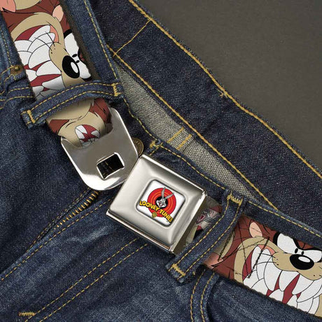 Looney Tunes Logo Full Color White Seatbelt Belt - Tasmanian Devil Expressions Brown Webbing