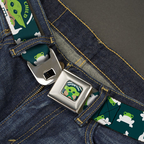 Star Wars The Child Frog SNACK TIME Full Color Greens Seatbelt Belt - Star Wars THE CHILD Pod Carriage Pose/Frogs Scattered Greens/White Webbing