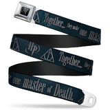 Harry Potter Logo Full Color Black/White Seatbelt Belt - HP/Deathly Hallows Symbol TOGETHER...THEY MAKE ONE MASTER OF DEATH. Blue Fade/Gray Webbing